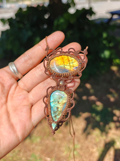 Elegant double labradorite pendant - golden sunset | Handmade Macrame Jewelry