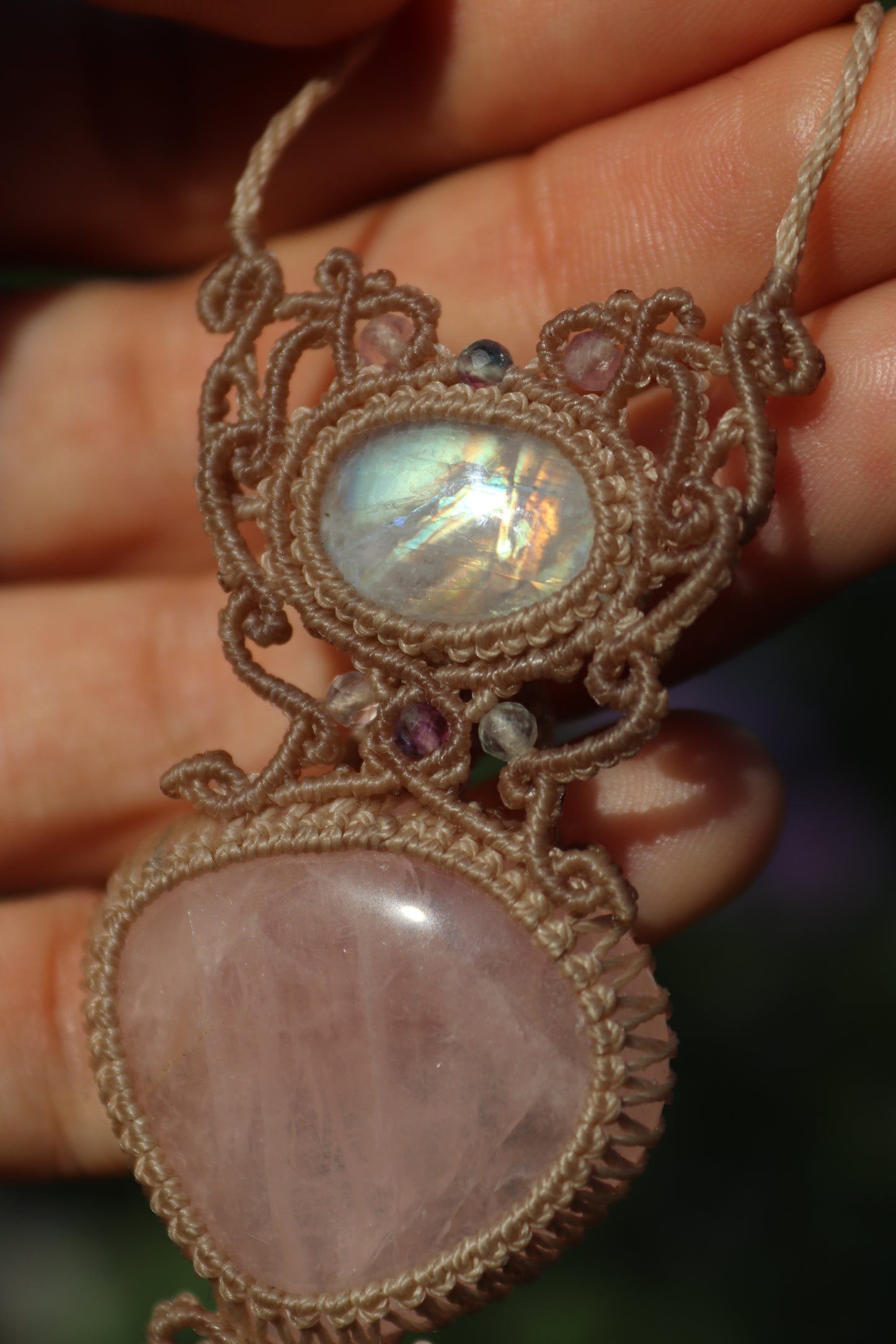 Rose quartz and moonstone pendant with aquamarine teardrop