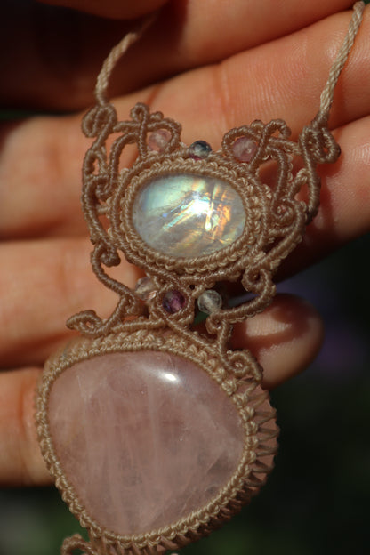 Rose quartz and moonstone pendant with aquamarine teardrop
