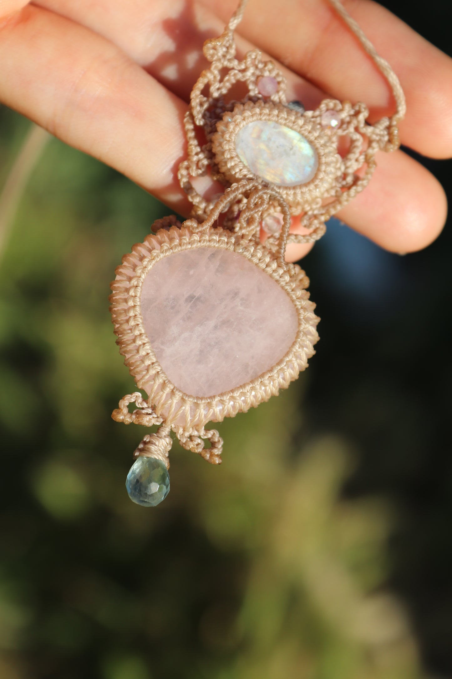 Rose quartz and moonstone pendant with aquamarine teardrop