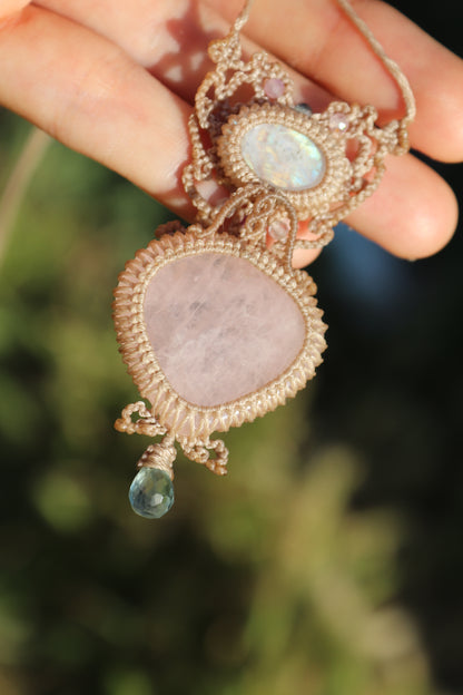 Rose quartz and moonstone pendant with aquamarine teardrop