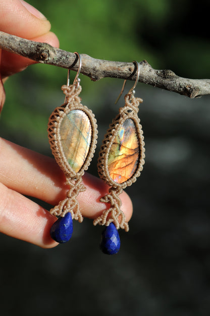 Glowing sunset labradorite earrings with lapis lazuli teardrop, 925 silver