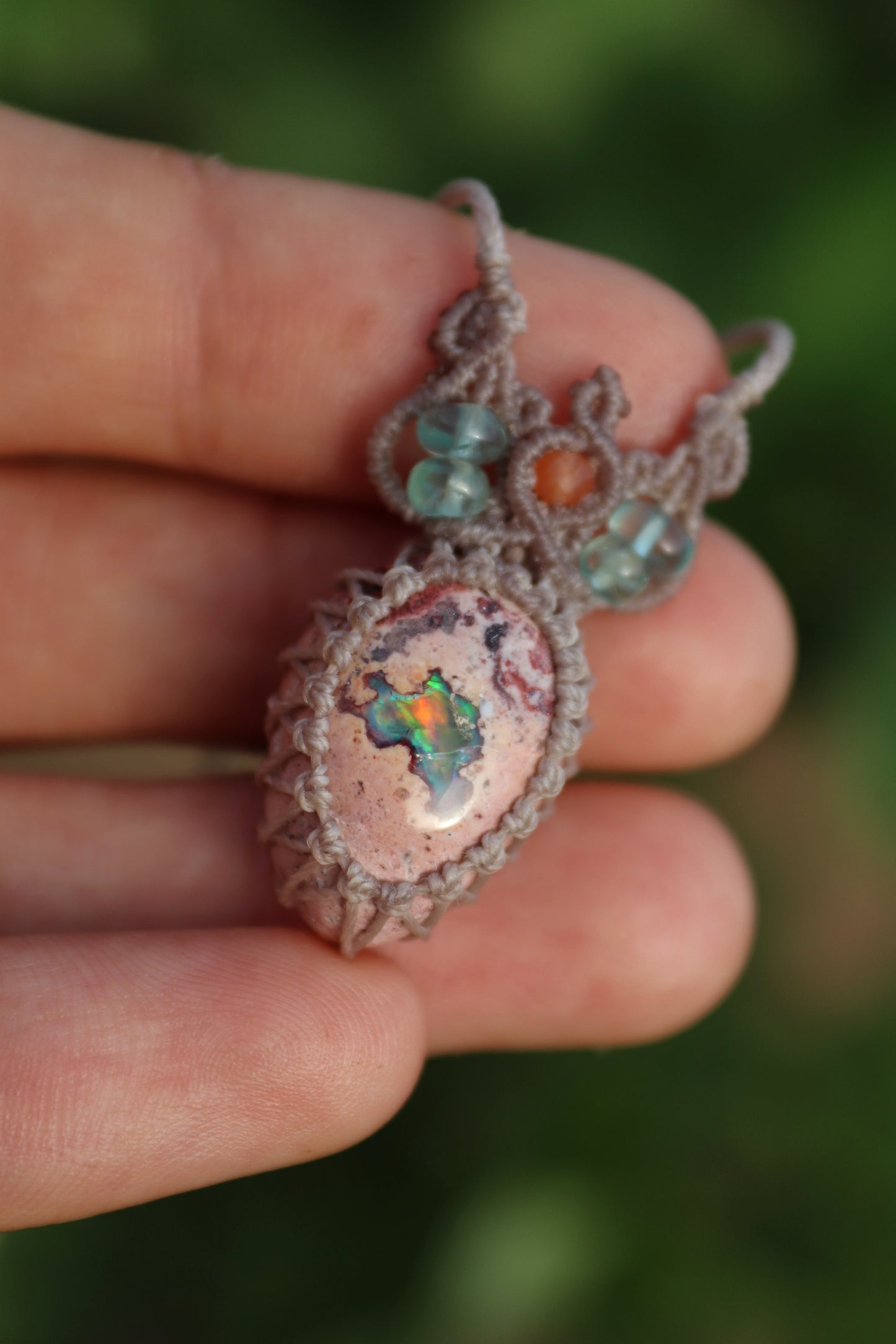 Orange and turquoise Mexican opal necklace with paraiba blue apatite beads | Handmade Macrame Jewelry
