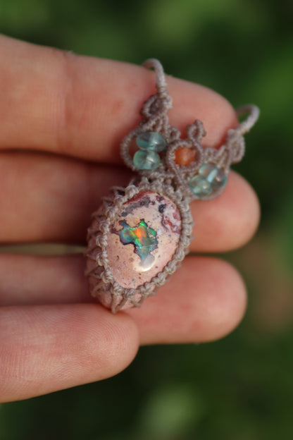 Orange and turquoise Mexican opal necklace with paraiba blue apatite beads | Handmade Macrame Jewelry