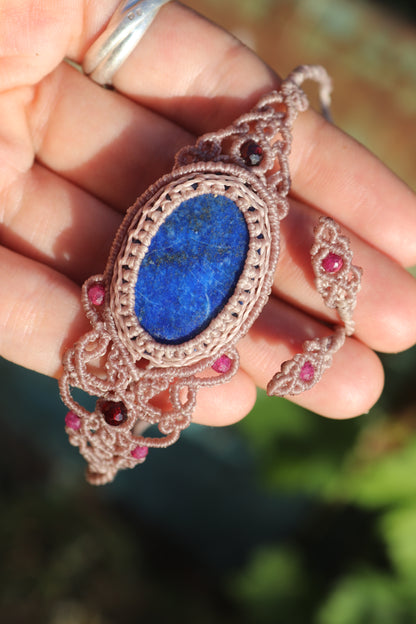 Lapis lazuli bracelet, asymmetrical design with garnet and ruby beads