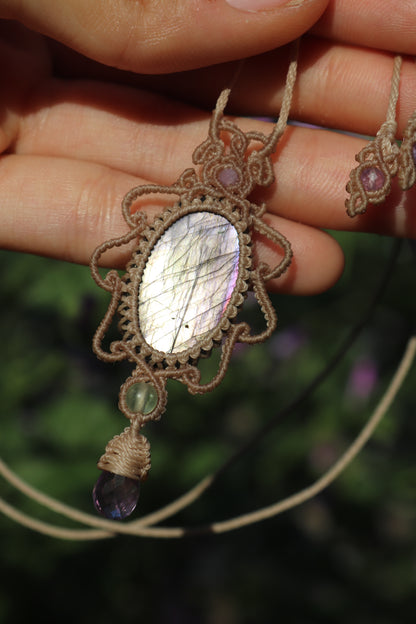 Silver and purple labradorite pendant with amethyst and fluorite beads