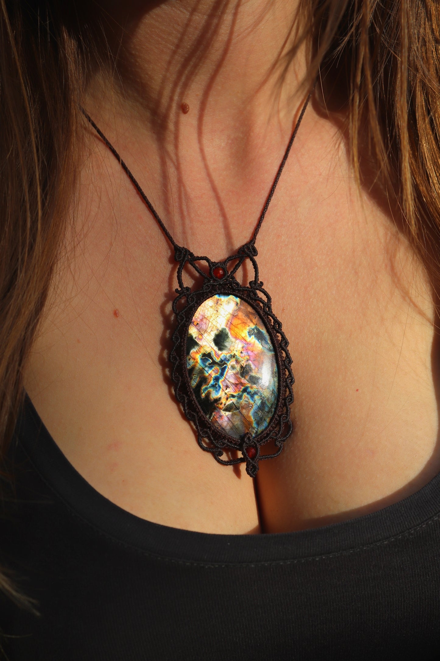 Big Red and purple Labradorite pendant with carnelian beads