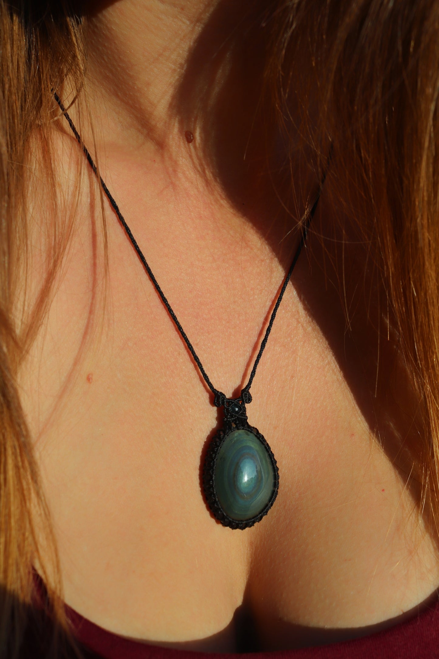 Teal blue rainbow obsidian necklace with teal tourmaline beads | Handmade Macrame Jewelry