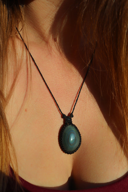 Teal blue rainbow obsidian necklace with teal tourmaline beads | Handmade Macrame Jewelry