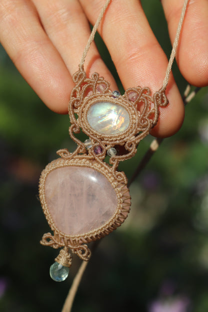 Rose quartz and moonstone pendant with aquamarine teardrop