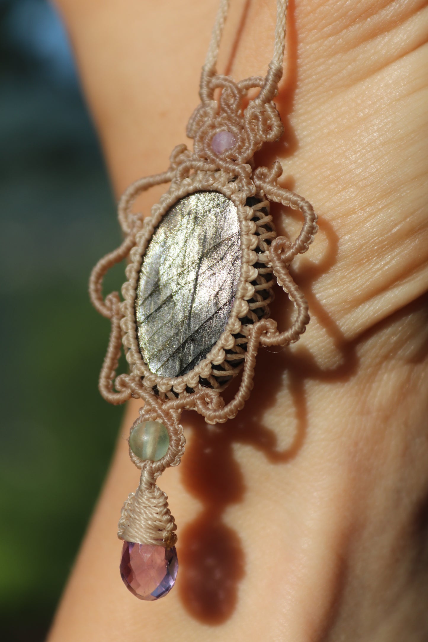 Silver and purple labradorite pendant with amethyst and fluorite beads