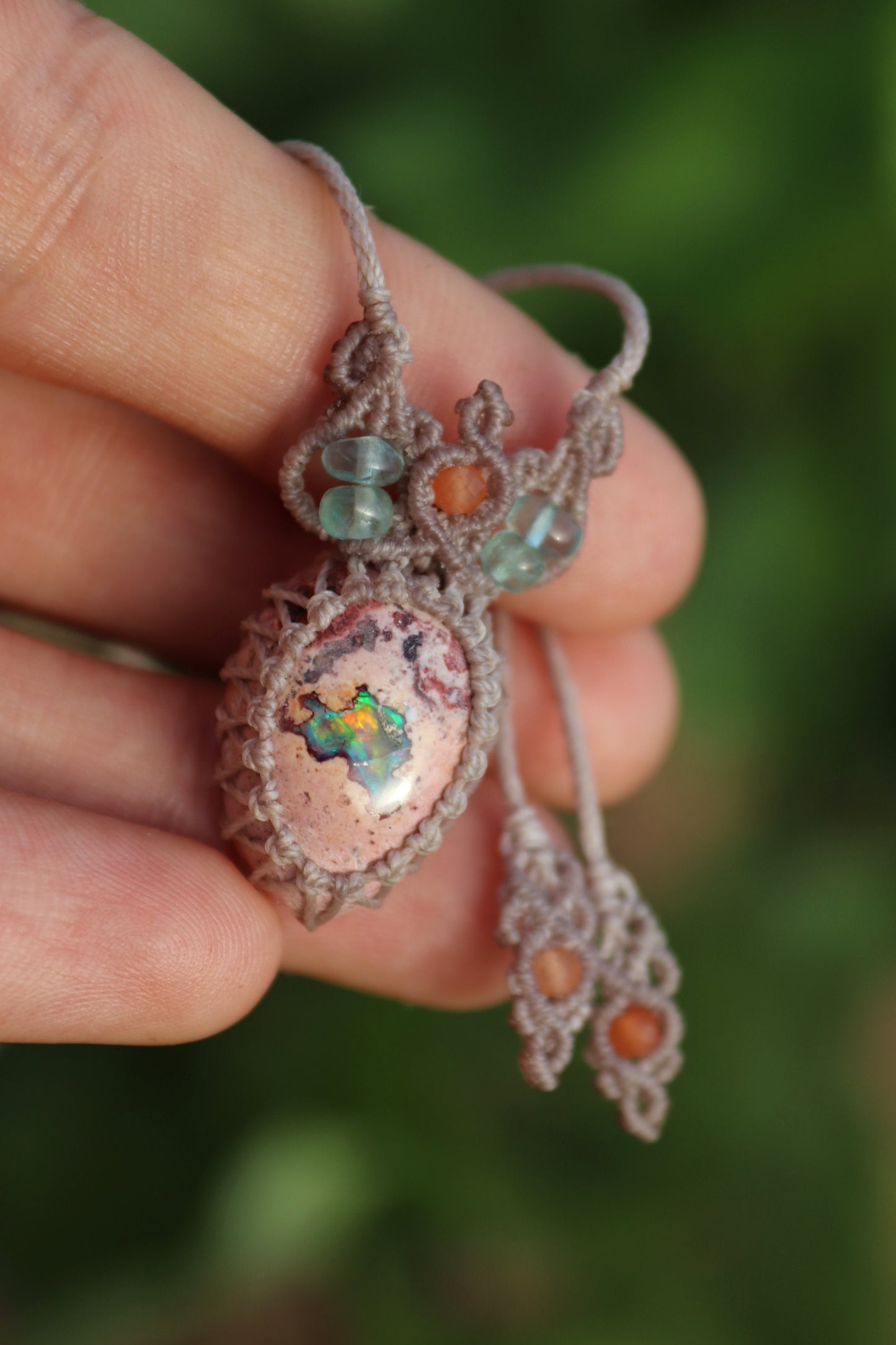 Orange and turquoise Mexican opal necklace with paraiba blue apatite beads | Handmade Macrame Jewelry