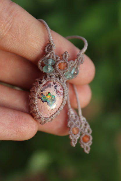 Orange and turquoise Mexican opal necklace with paraiba blue apatite beads | Handmade Macrame Jewelry