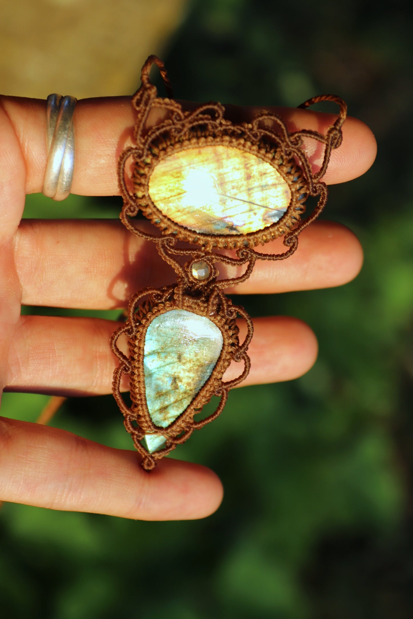 Elegant double labradorite pendant - golden sunset | Handmade Macrame Jewelry
