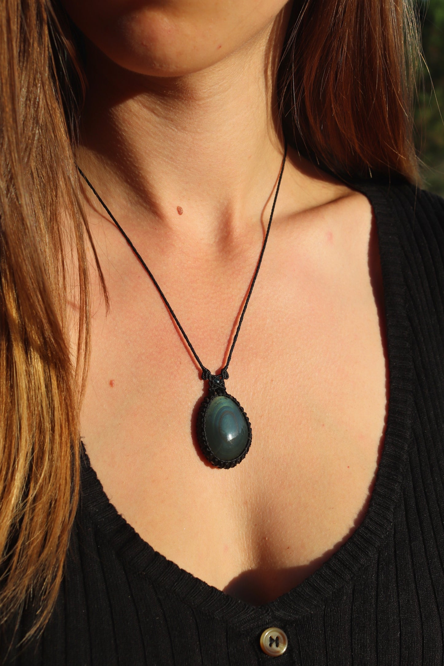Teal blue rainbow obsidian necklace with teal tourmaline beads | Handmade Macrame Jewelry