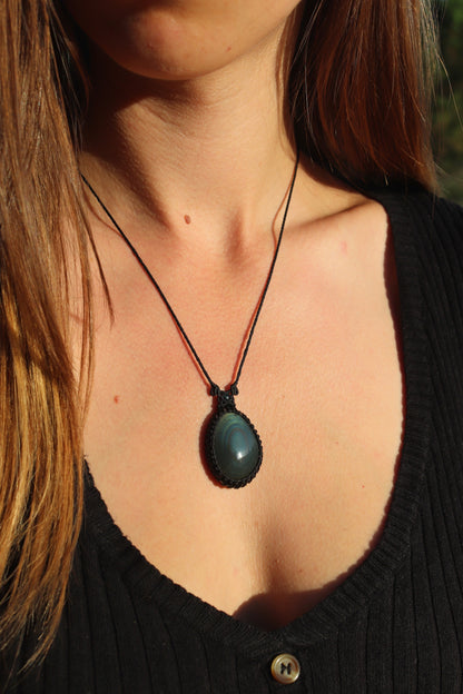 Teal blue rainbow obsidian necklace with teal tourmaline beads | Handmade Macrame Jewelry