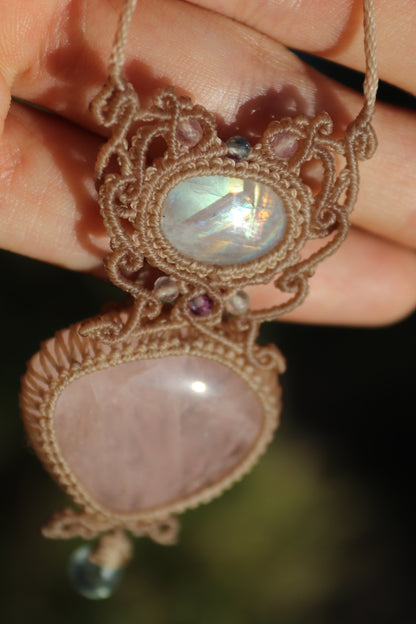 Rose quartz and moonstone pendant with aquamarine teardrop