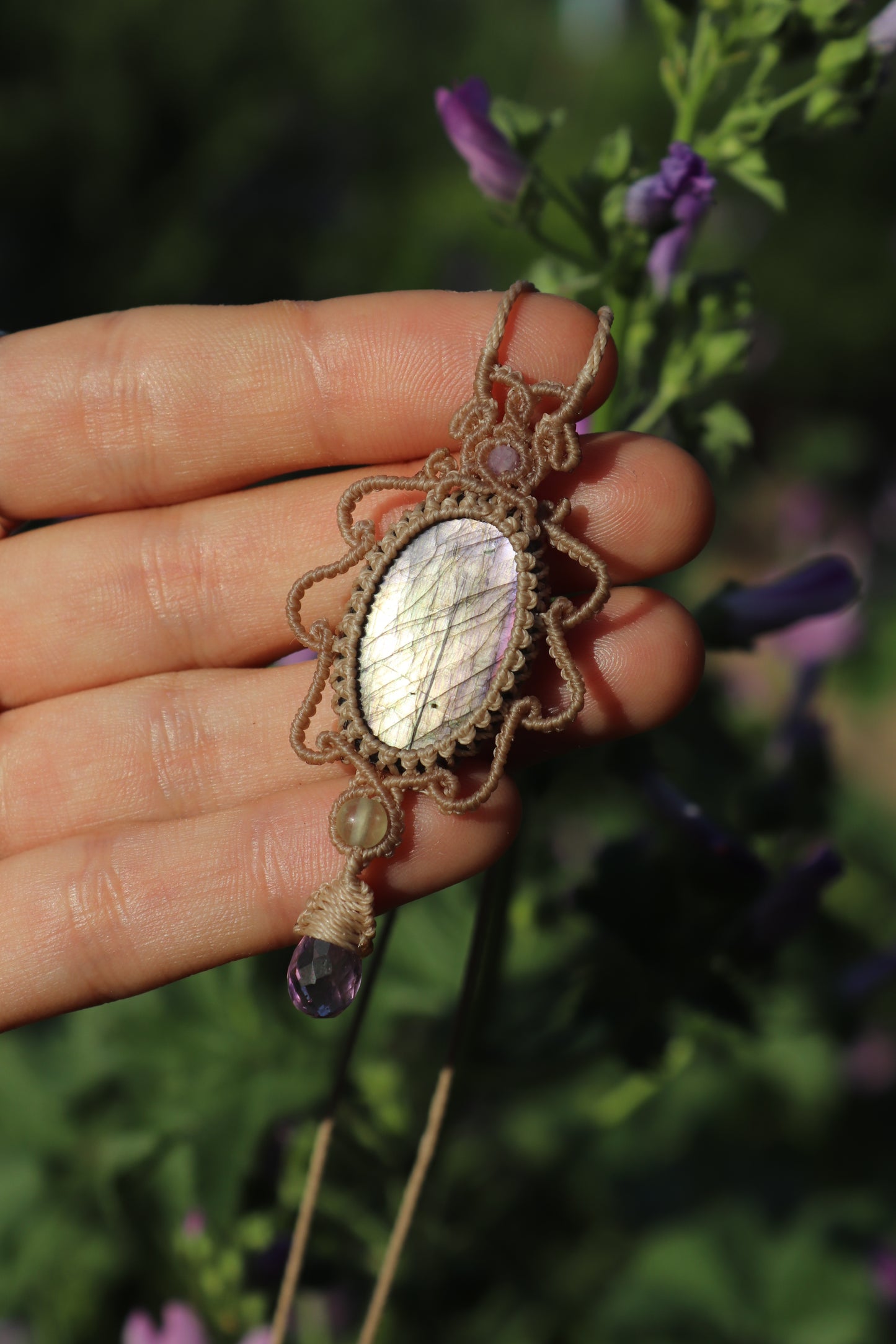 Silver and purple labradorite pendant with amethyst and fluorite beads