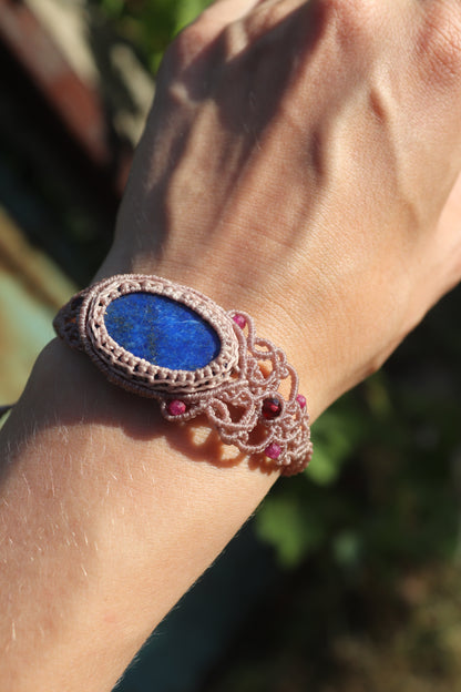Lapis lazuli bracelet, asymmetrical design with garnet and ruby beads