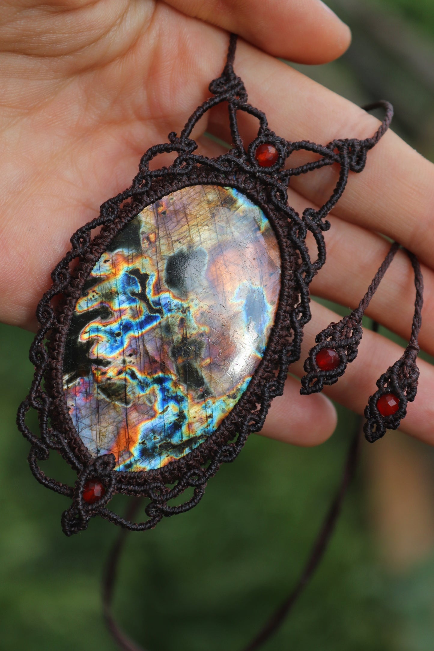 Big Red and purple Labradorite pendant with carnelian beads