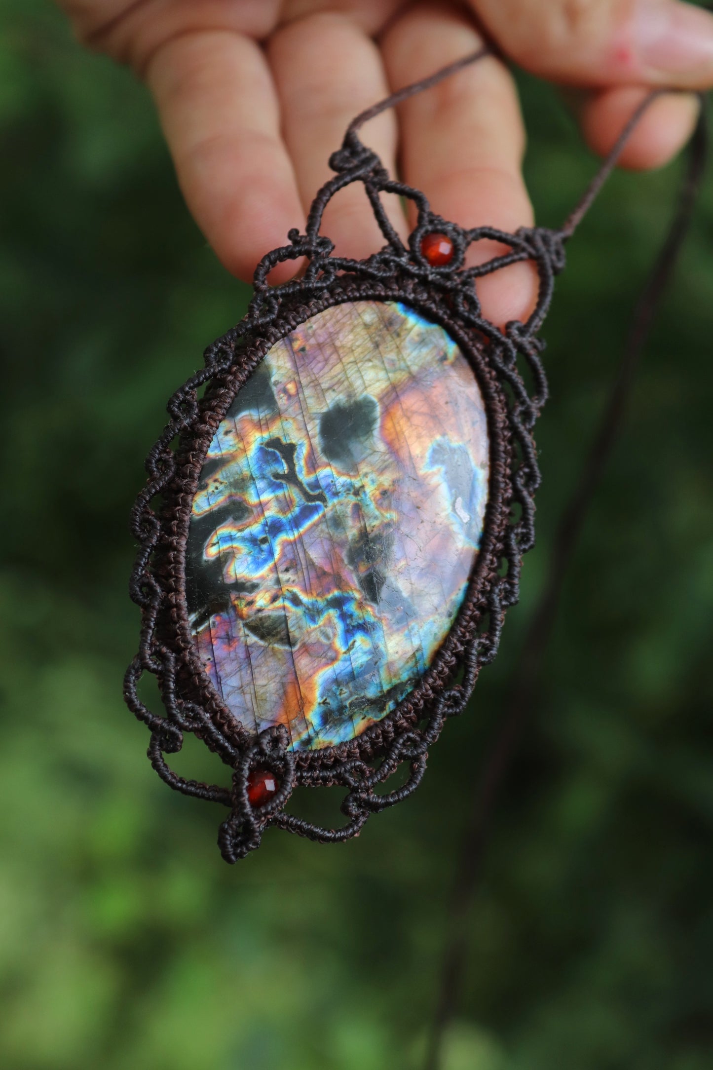 Big Red and purple Labradorite pendant with carnelian beads