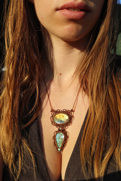 Elegant double labradorite pendant - golden sunset | Handmade Macrame Jewelry