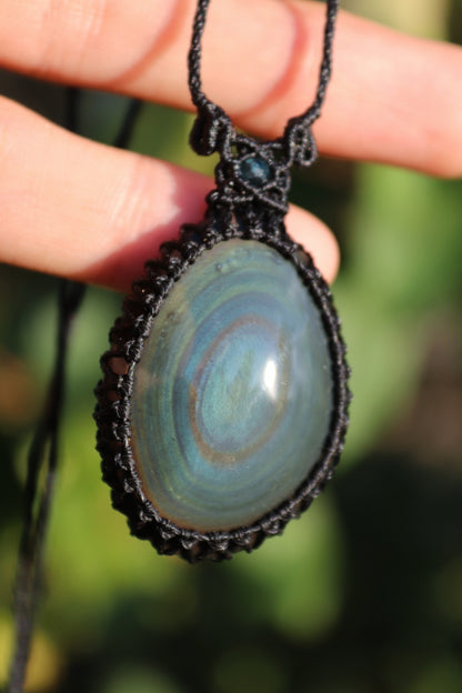 Teal blue rainbow obsidian necklace with teal tourmaline beads | Handmade Macrame Jewelry