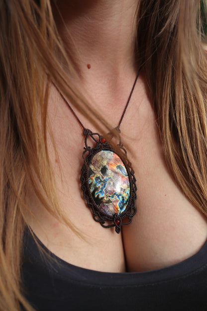 Big Red and purple Labradorite pendant with carnelian beads